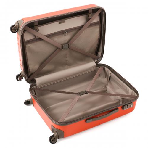[3-5泊] プロテカ(エース) フラクティ 64L オレンジ 4輪 ACE PROTECA FLUCTY 片面にはファスナーポケットの付いた間仕切りが付き、両面にクロスベルトが付属。